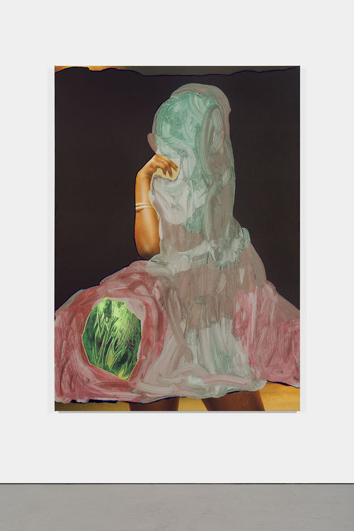 A painting of a figure covered in a teal shroud