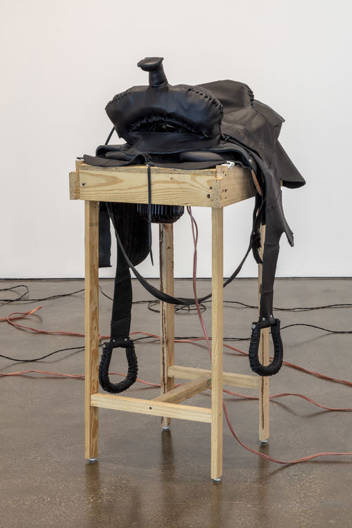 Horse saddle on wooden table