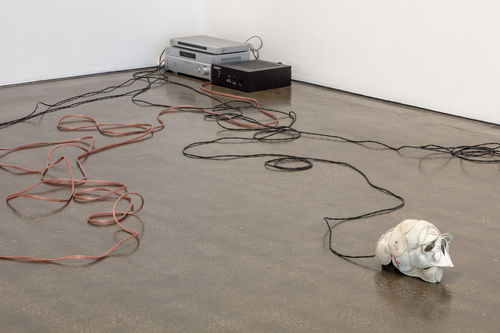 Cables connected from radio to skull