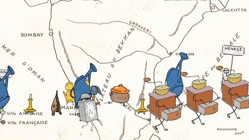 Illustration of water cans, cabinets, and other household objects walking across map.
