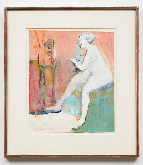 Artwork depicting a reclining female figure watching a TV