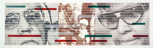 A collage of three duo-tone photographs overlaid with text highlighted in blocks of color