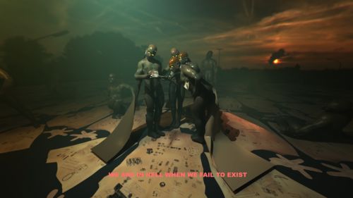Still of a rendered image of black bodies in a runescape, with the text "We are in hell when we fail to exist"
