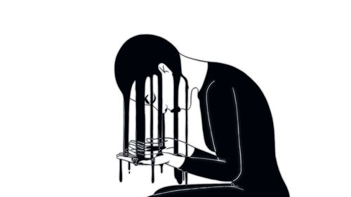 A black and white illustration of a woman looking down holding her hair in her hands