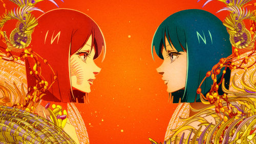 Two feminine anime-style characters looking into each others eyes