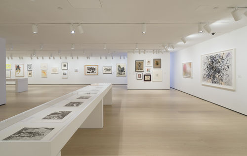 Gallery space with works on paper on the walls. 
