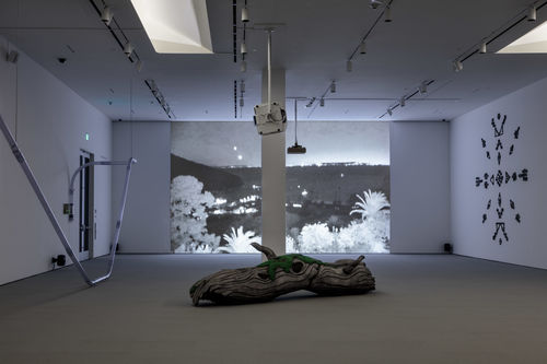 Gallery space centering on log sculpture.