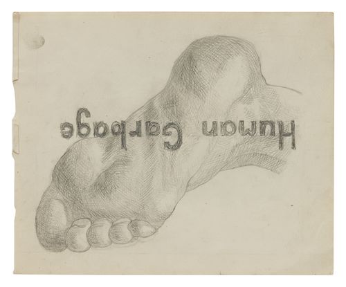 Illustration of a human foot with the text "Human Garbage" written on top.