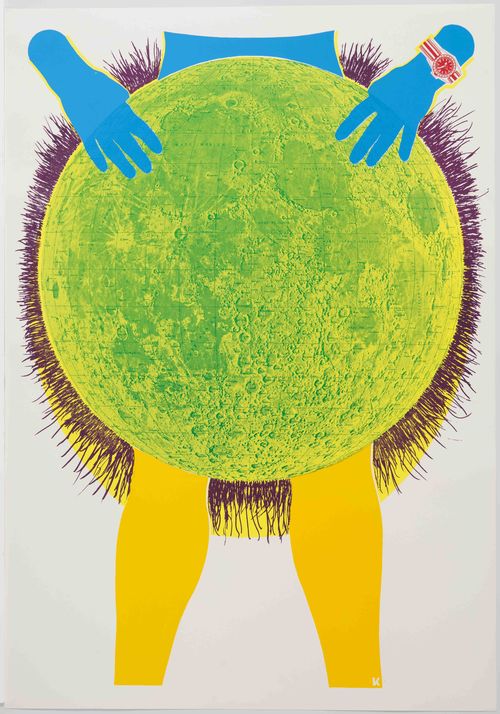 Drawing of a moon with hands and legs coming out of it.