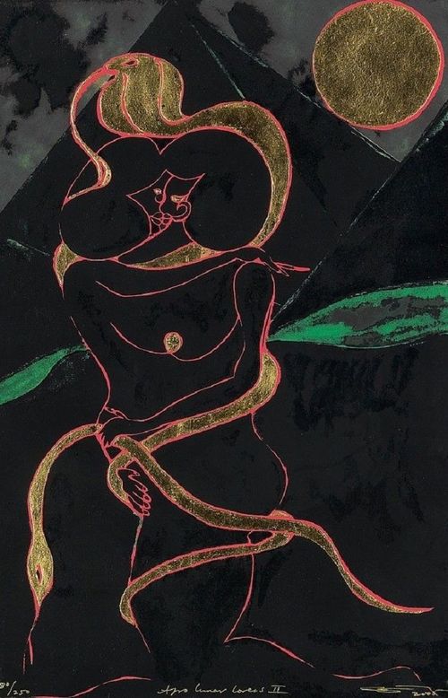 Two bodies drawn in gold hold each other and kiss in front of a dark mountain. 