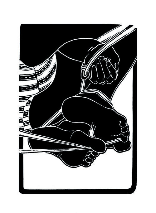 Image of two feet and a hand bound and holding a length of rope. 