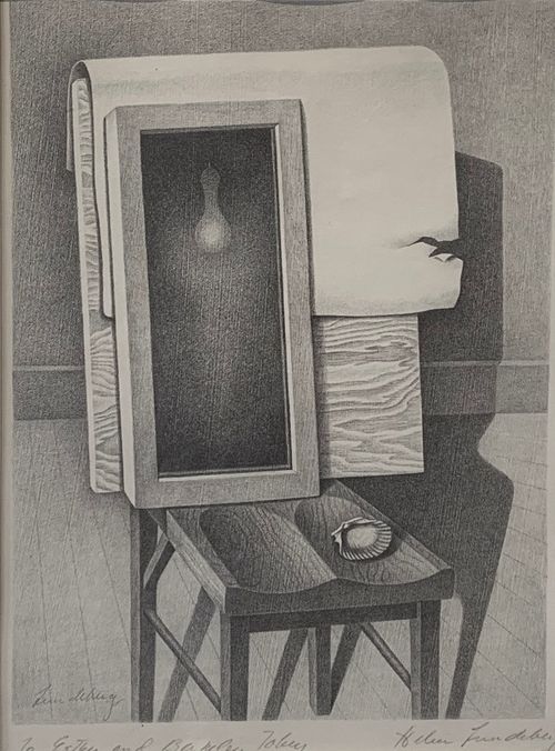 Drawing of a chair with a wooden slab and frame sitting on top of it. 