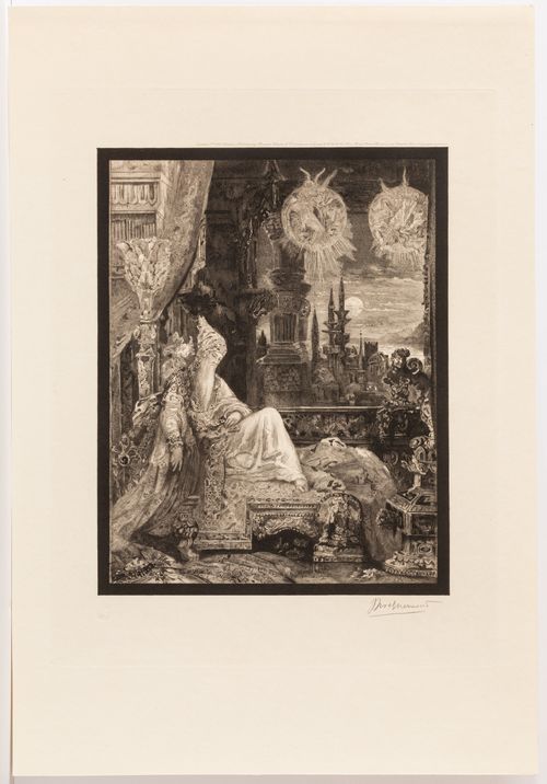 Image of a man with a long beard in extravagant clothing, sitting on an ornate bench in an ornate room. 