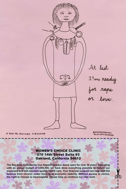 Drawing of a girl wearing a necklace of different items, collaged with a woman's choice clinic advertisement.