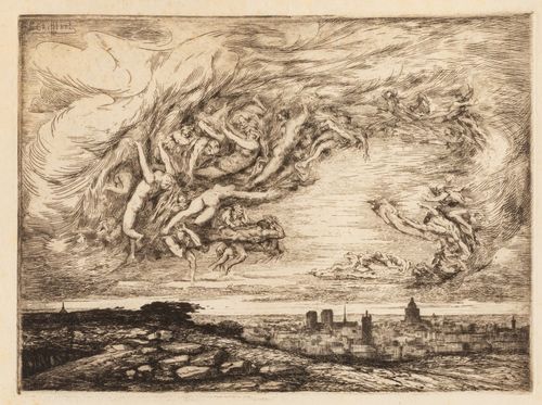 Image of several bodies floating above a city scape