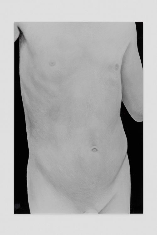Monochromatic painting of a torso, zoomed in.