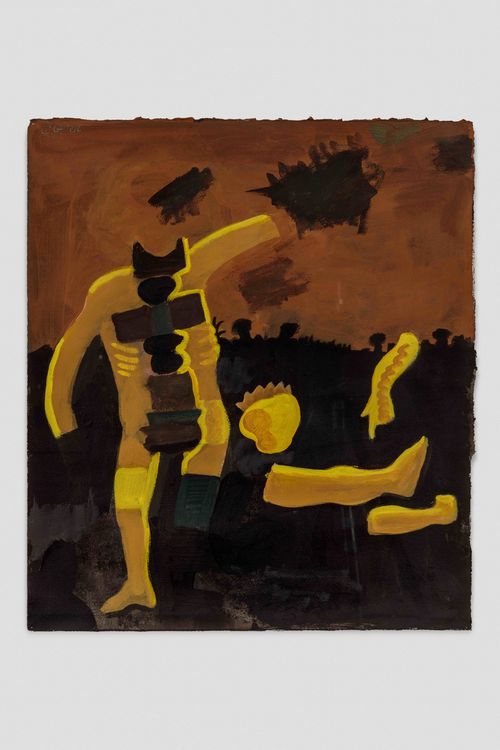 Painting of abstract, colorful yellow figures.