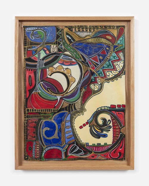 Colorful collage with acrylic, gouache, and lace on paper.