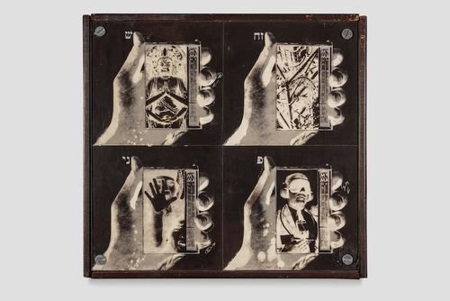 4 images held in hands of different figures.