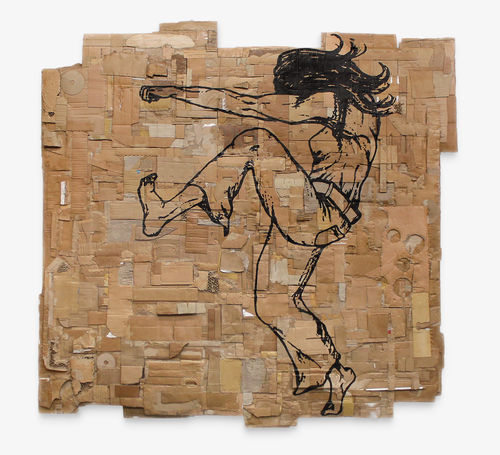 A drawing on layered cardboard of a woman with her left arm extended and left leg raised in a kick
