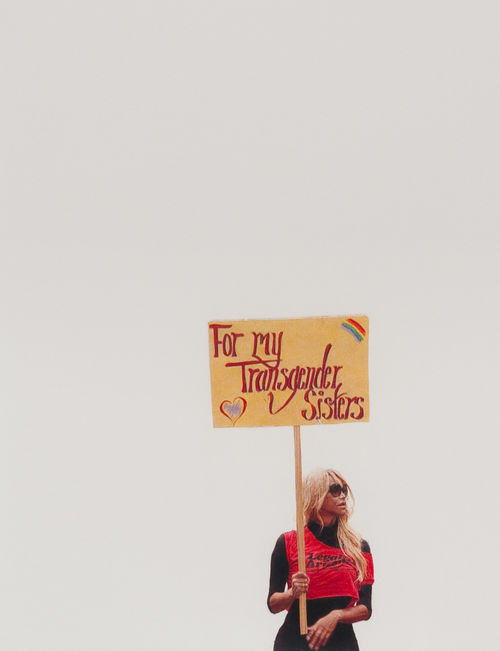 A drawing of a protestor holding a sign reading "For my Transgender sisters" on a white background