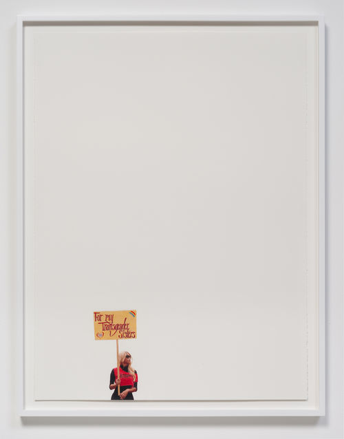 A drawing of a protestor holding a sign reading "For my Transgender sisters" on a white background