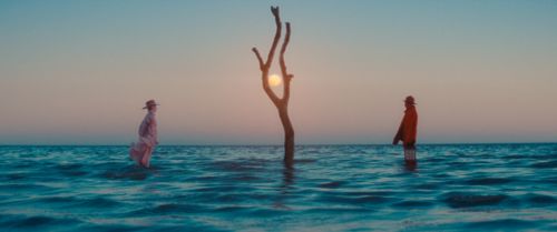 2 figures stand in an ocean surrounding a tree.