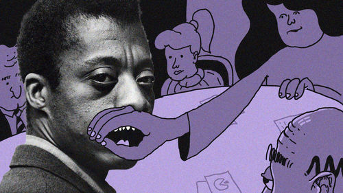 Image of a man with cartoon purple figures drawn on top.