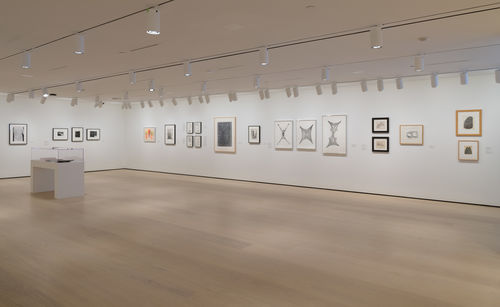 Photo of a wide view of a gallery with many framed works on the wall