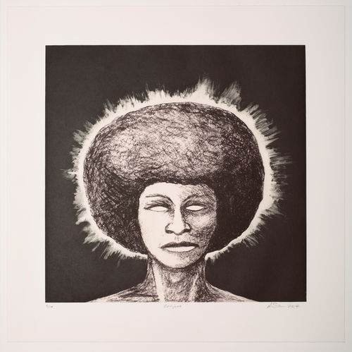 A drawing of a figure with an afro, from which a halo seems to emanate