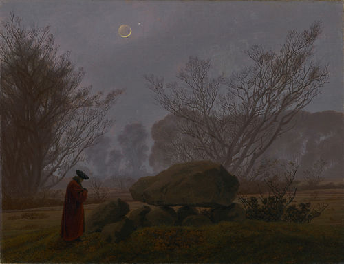 A painting of a man in red robes walking past a pile of large rocks at dusk, the moon faintly visible in the sky above
