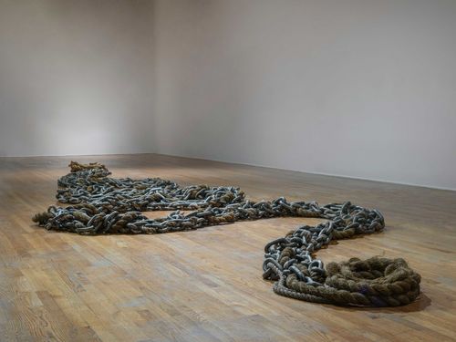 A mixed-media installation with steel chains and rope arranged on a gallery floor
