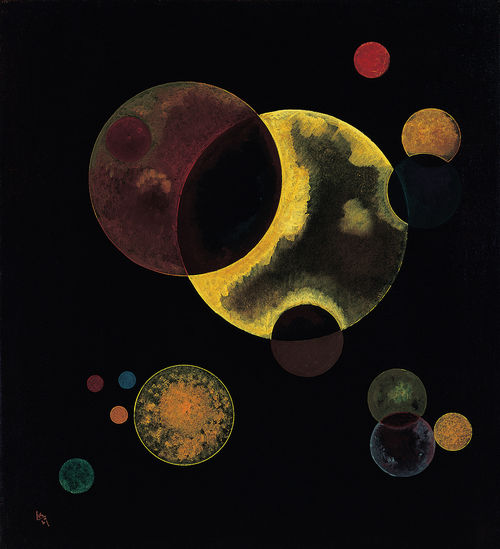 A geometric abstract painting featuring a number of colored circles, some overlapping, in a constellation that evokes heavenly bodies