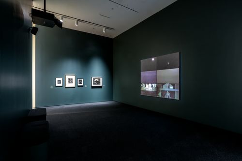 View of a gallery with artworks in a variety of media