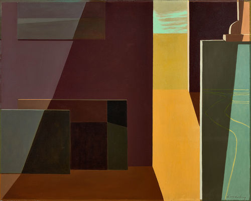 A painting showing a partial view of an artist's studio, with canvases on the floor and another on an easel in the foreground. An open door lets light in