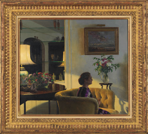 A painting of a woman with her hair in bun, sitting on a padded sofa in a nicely decorated room