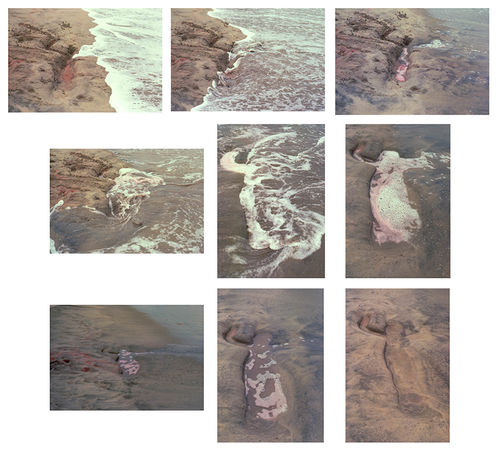 A series of color photos of a beach, with the tide filling in an indentation in the sand in the shape of a body