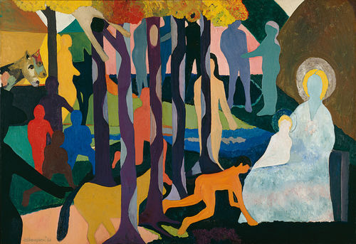 A colorful painting of abstracted, featureless human and animal figures. In the right corner sits the Madonna and child 