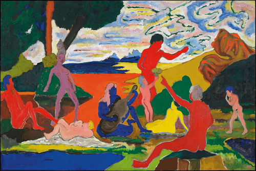 A colorful painting depicting a group of revelers in a pastoral landscape, listening to a blue figure playing a guitar