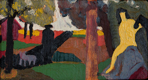 A colorful landscape, with two featureless figures sitting in the foreground, and another figure, all black, standing in a dark road next to an animal