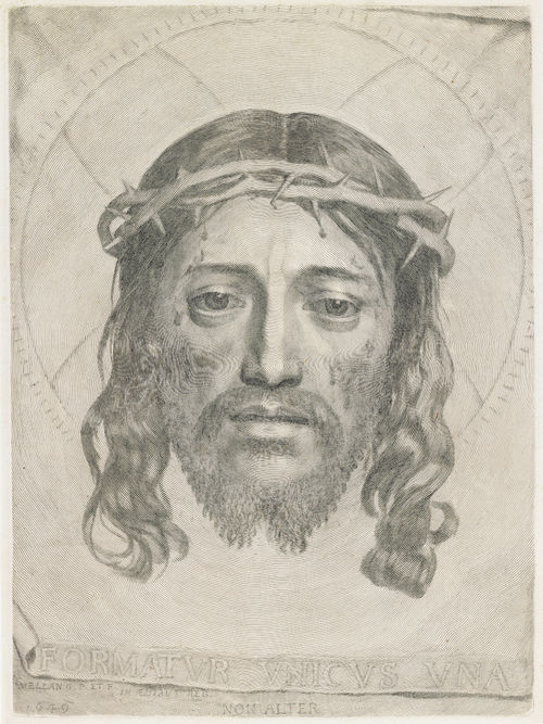 Detailed pencil portrait of man with long hair and beard wearing crown of branches