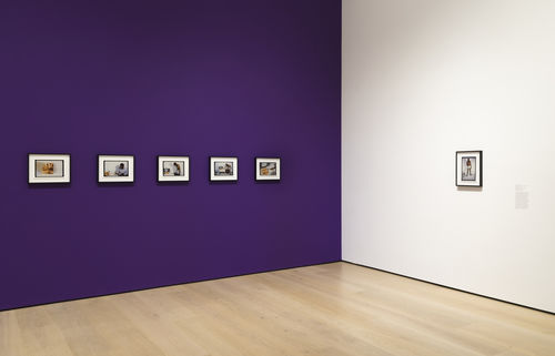 Photo of an exhibition showing a series of framed photos on a purple wall, abutting a white all with another photo on it and an introductory text about the exhibition