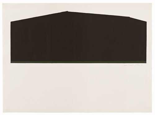 Acrylic depicting dark geometrical mass on the top half of the sheet of paper