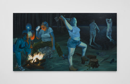 Painting of a group of women around a campfire, some drinking, one chopping wood, two skinnydipping