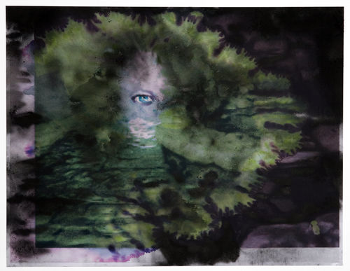 A psychedelic drawing in green and purple hues, with a blue eye at its center