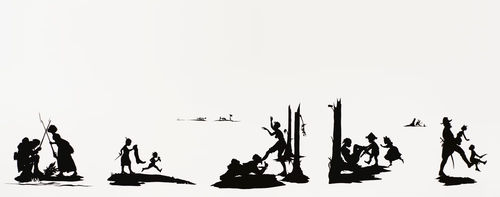 Mural-scale painting showing silhouettes of racial atrocities