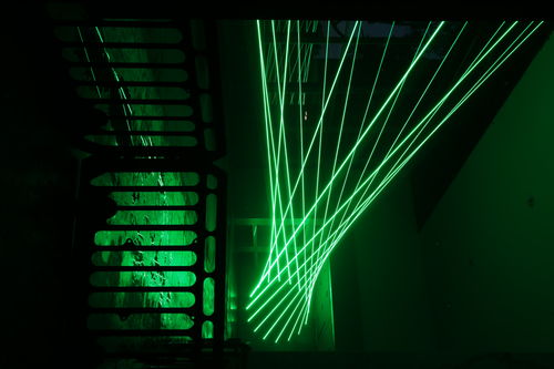 Green lasers fill a room