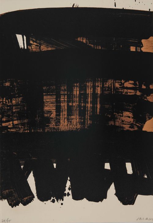 Black and orange paint smeared in large brushstrokes over a tan canvas.