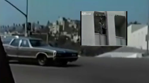 Image of an old station wagon driving down the street, with a picture-in-picture inset of security footage