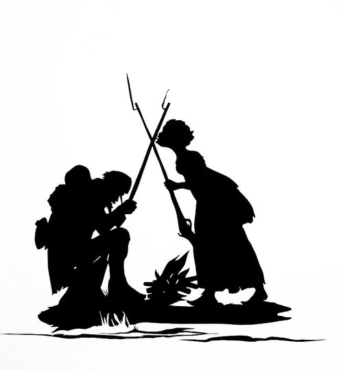 silhouettes of people holding bayonettes 